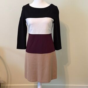 White House Black Market Black, White, Burgundy & Tan Colorblock Scoop Dress